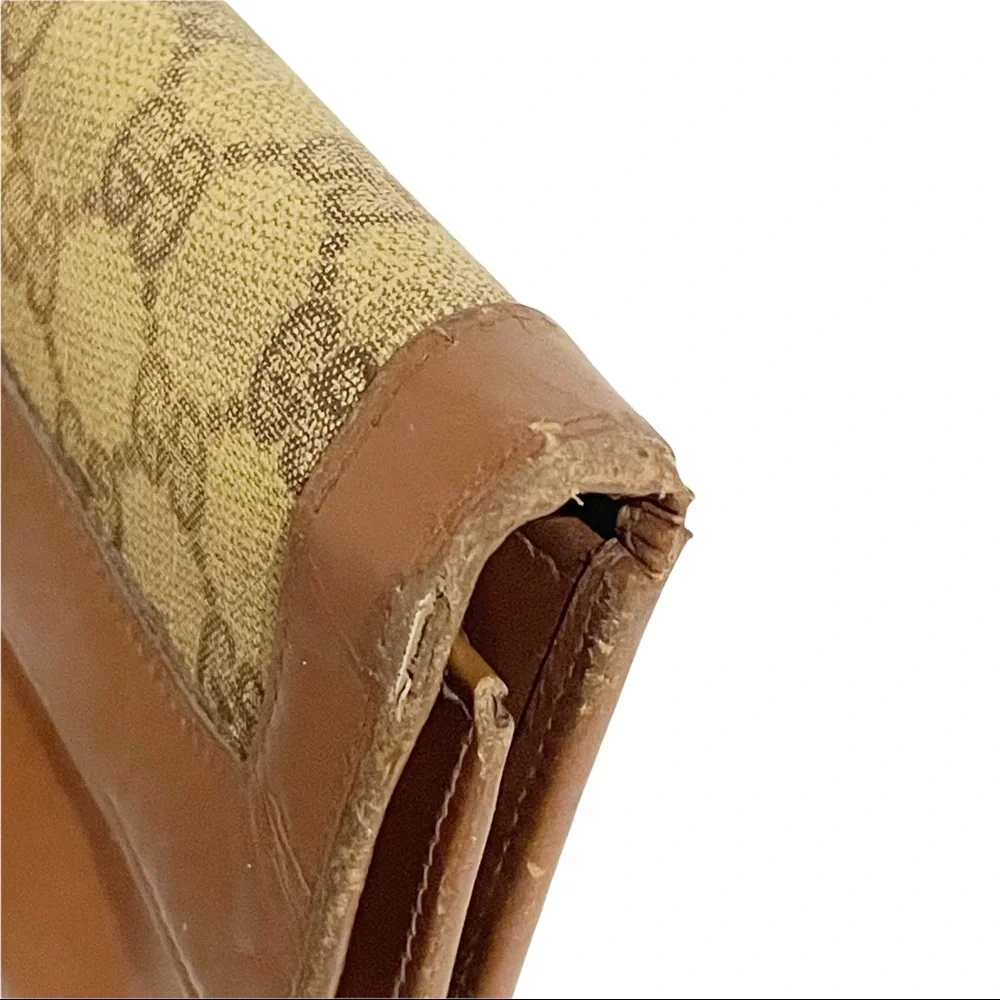 Gucci Vintage Brown Leather Cloth Wallet‎ Check Holder Snap Zipper